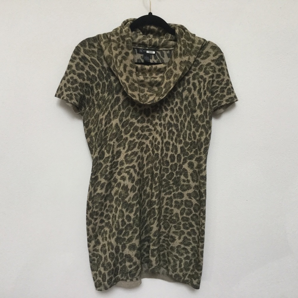 INC Tan Sparkle Cheetah Print Cowl Neck Tunic Size Large